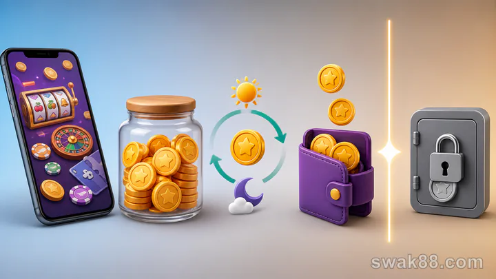 Virtual game coins moving through daily refills toward a locked cash boundary