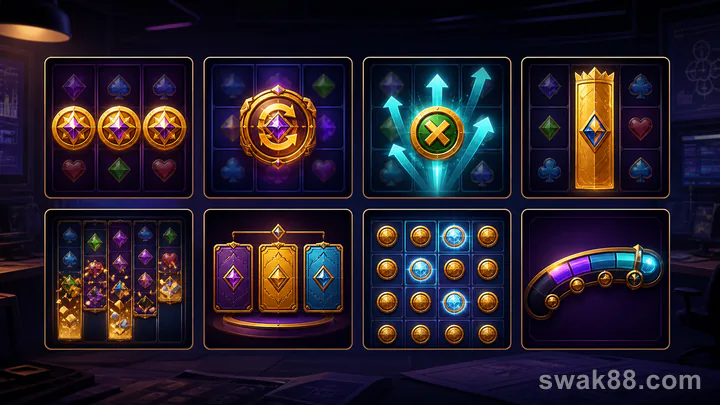 Eight slot bonus mechanics arranged for comparison