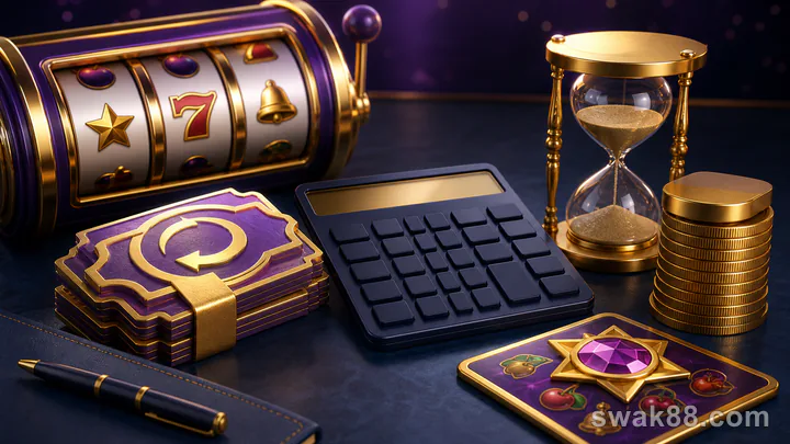 Free-spin tokens, calculator, clock, and eligible game arranged for evaluation